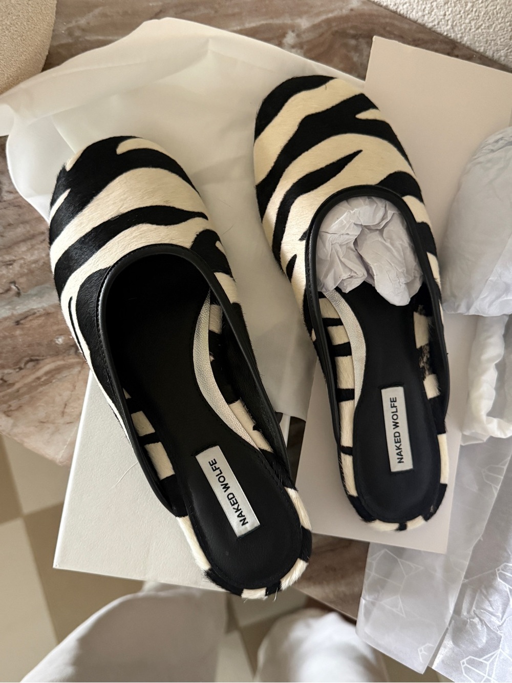 Naked Wolf Zebra Ponyhair Backless Flats